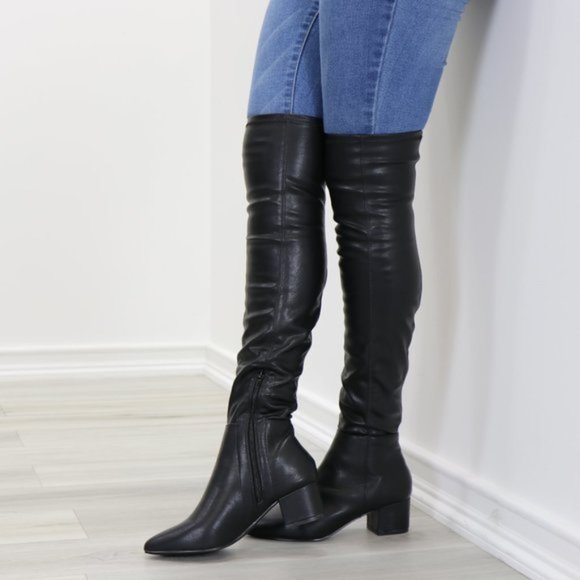 Shoes - Pointy Toe Over The Knee Black Boots Faux Leather